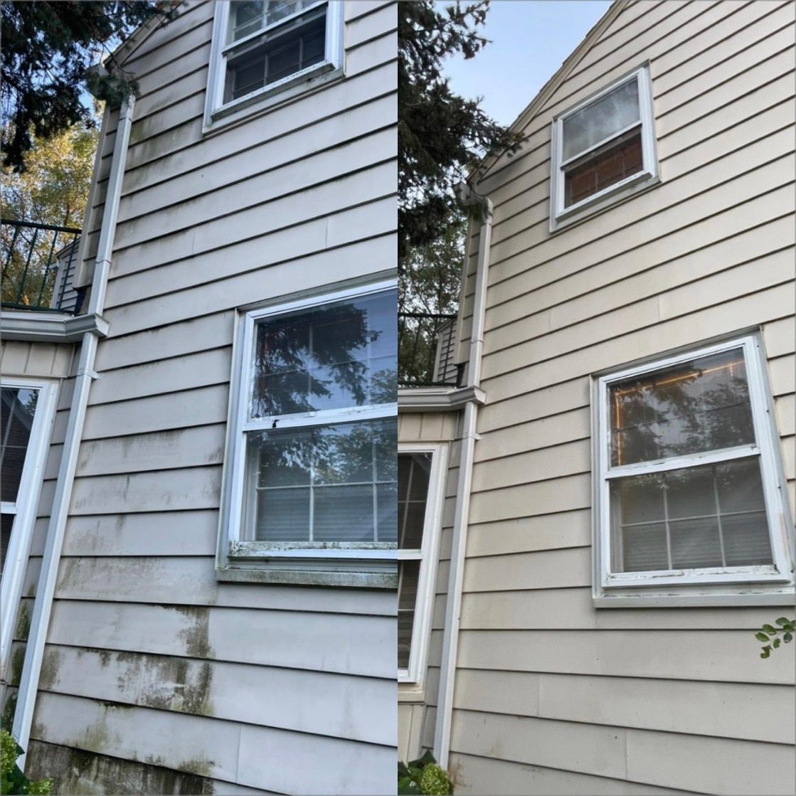 A before and after picture of a house with siding and windows.