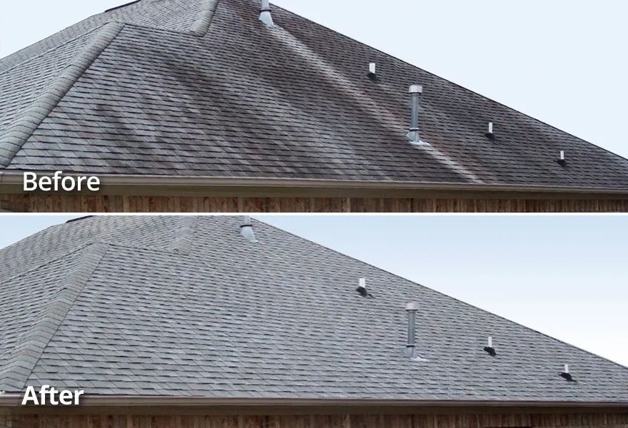 A before and after picture of a roof.