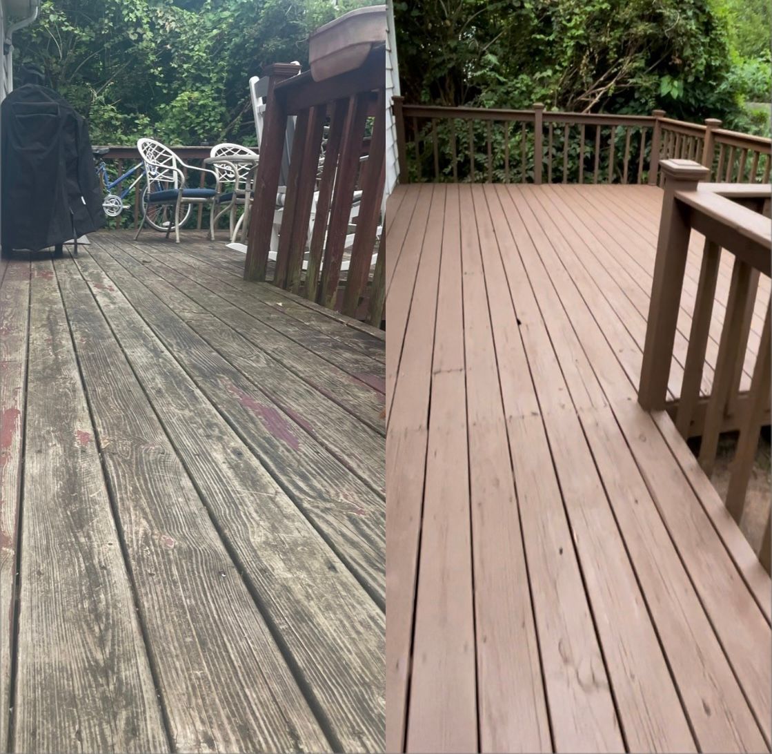 A before and after photo of a wooden deck