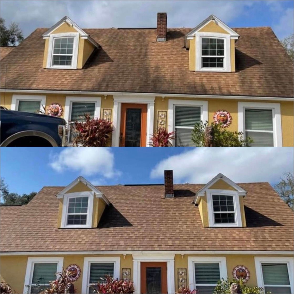 A before and after picture of a house with a brown roof