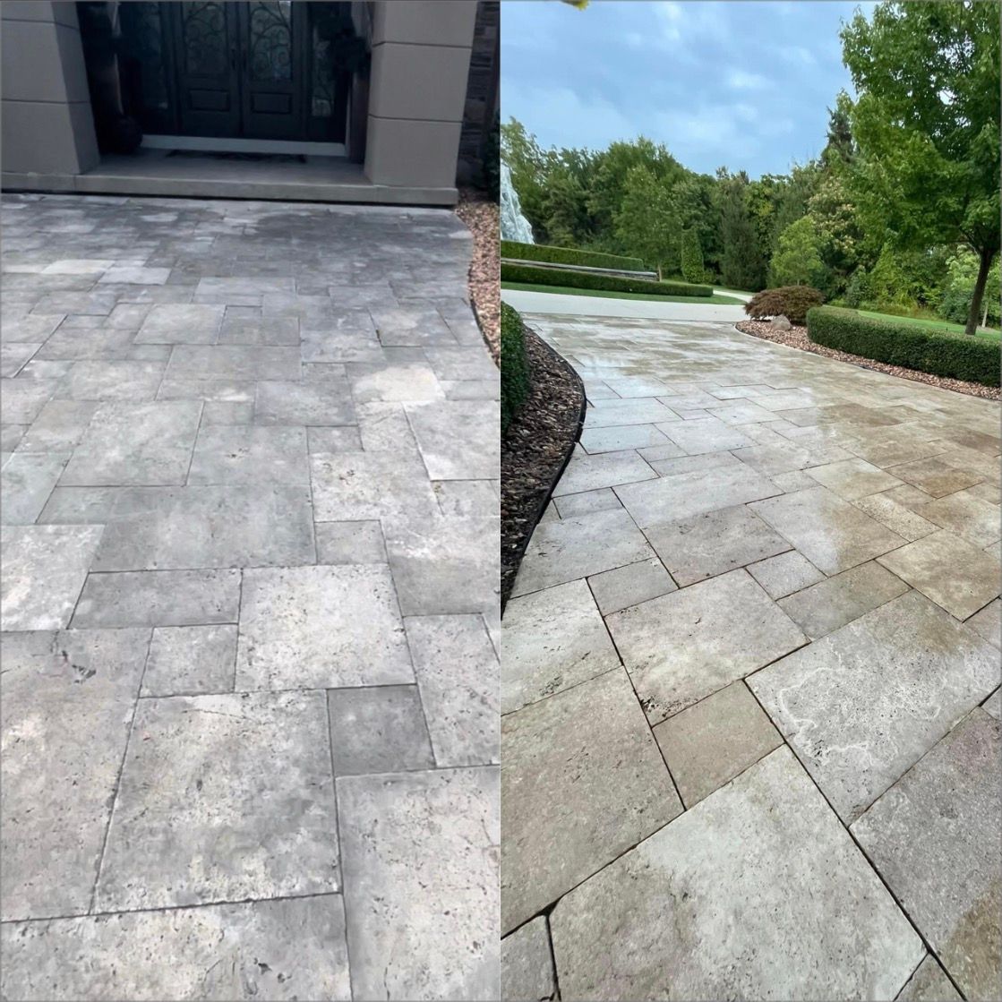 A before and after picture of a driveway.
