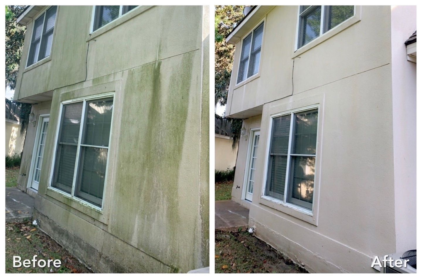 A before and after picture of a house with green algae on the side.