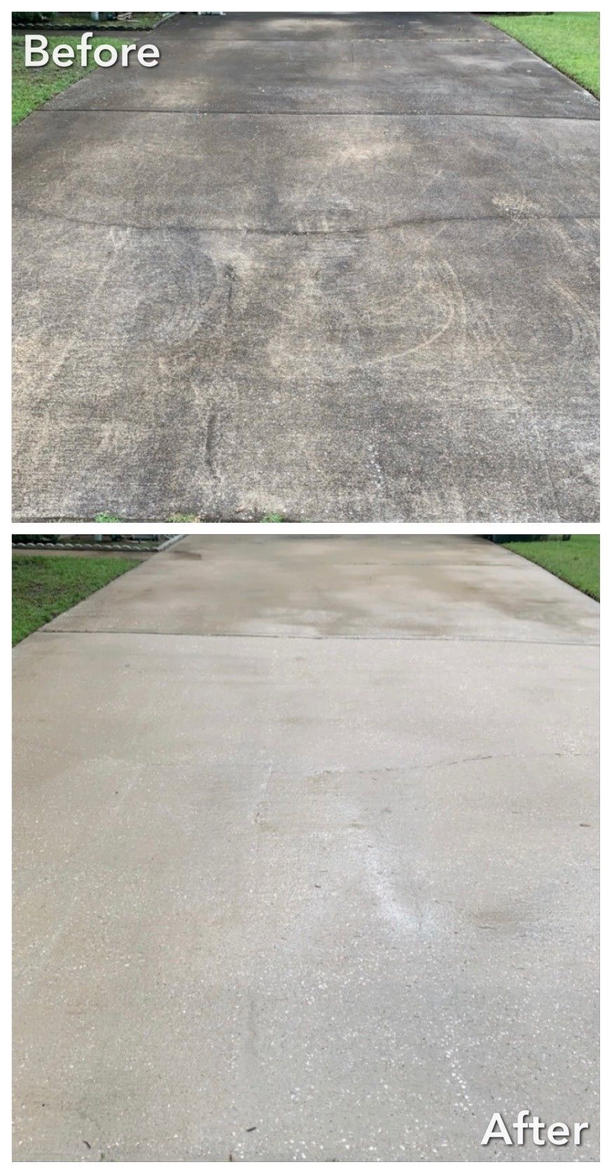 A before and after photo of a concrete driveway.