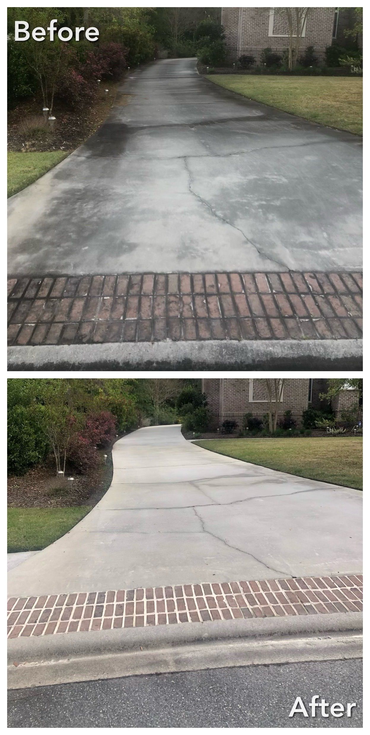 A before and after photo of a driveway with a brick curb.