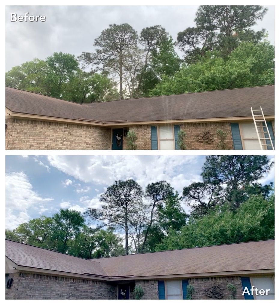 A before and after photo of a house 's roof.
