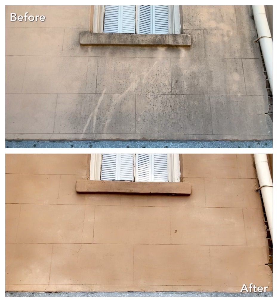 A before and after picture of a building with a window.