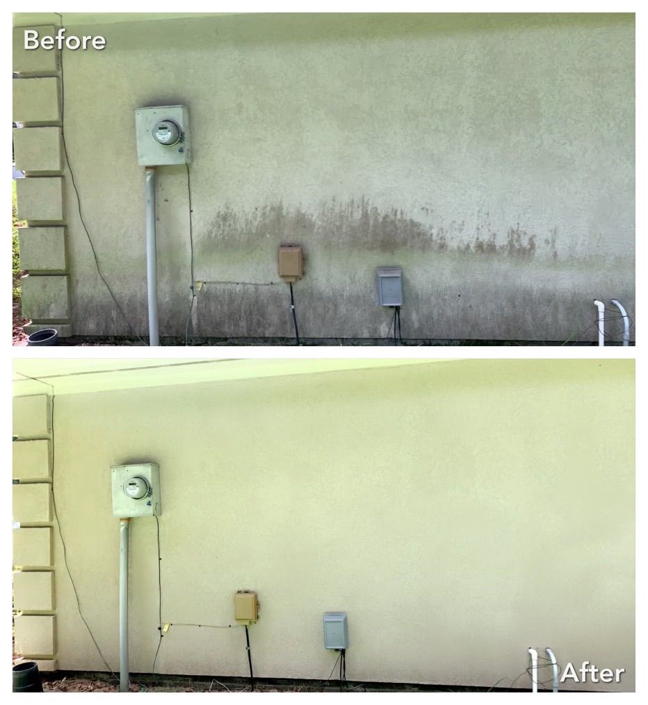 A before and after picture of a wall that has been cleaned