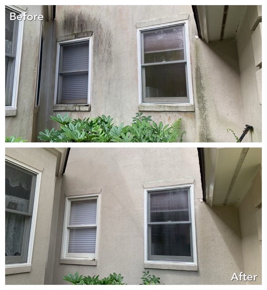 A before and after picture of a house with dirty windows.