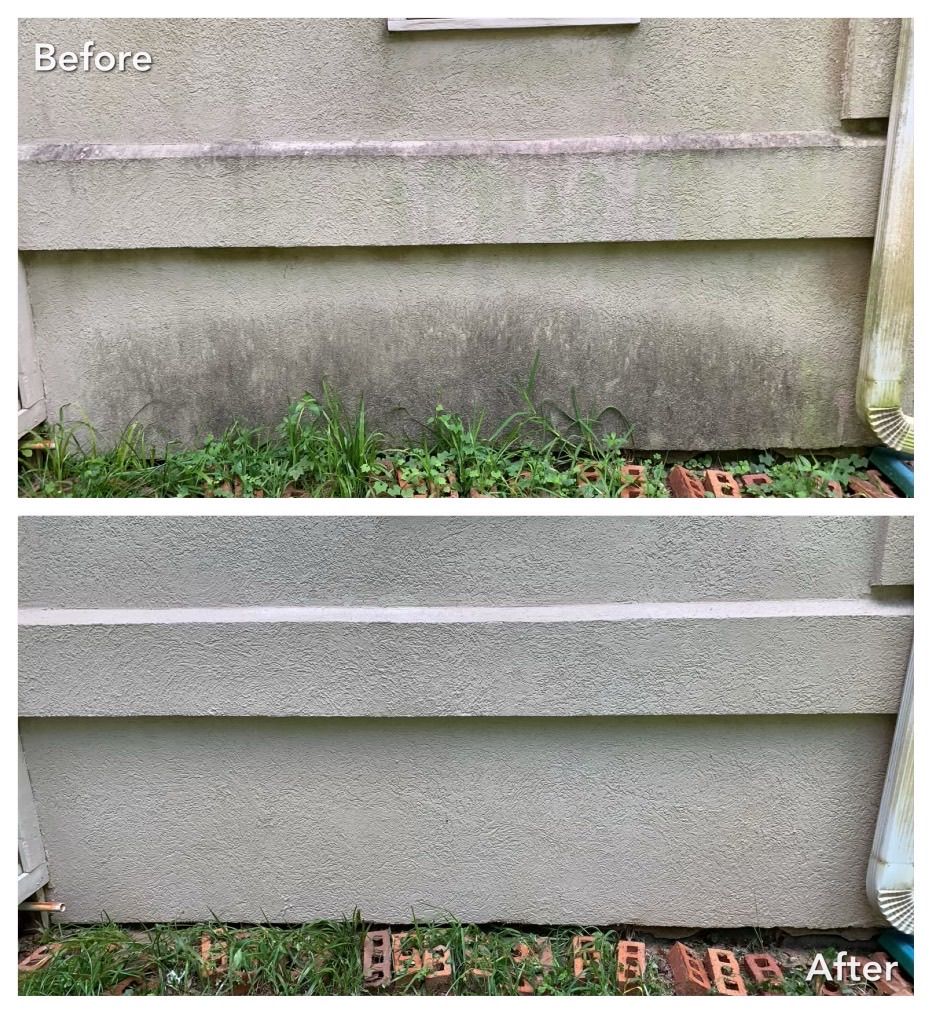 A before and after picture of a concrete wall.