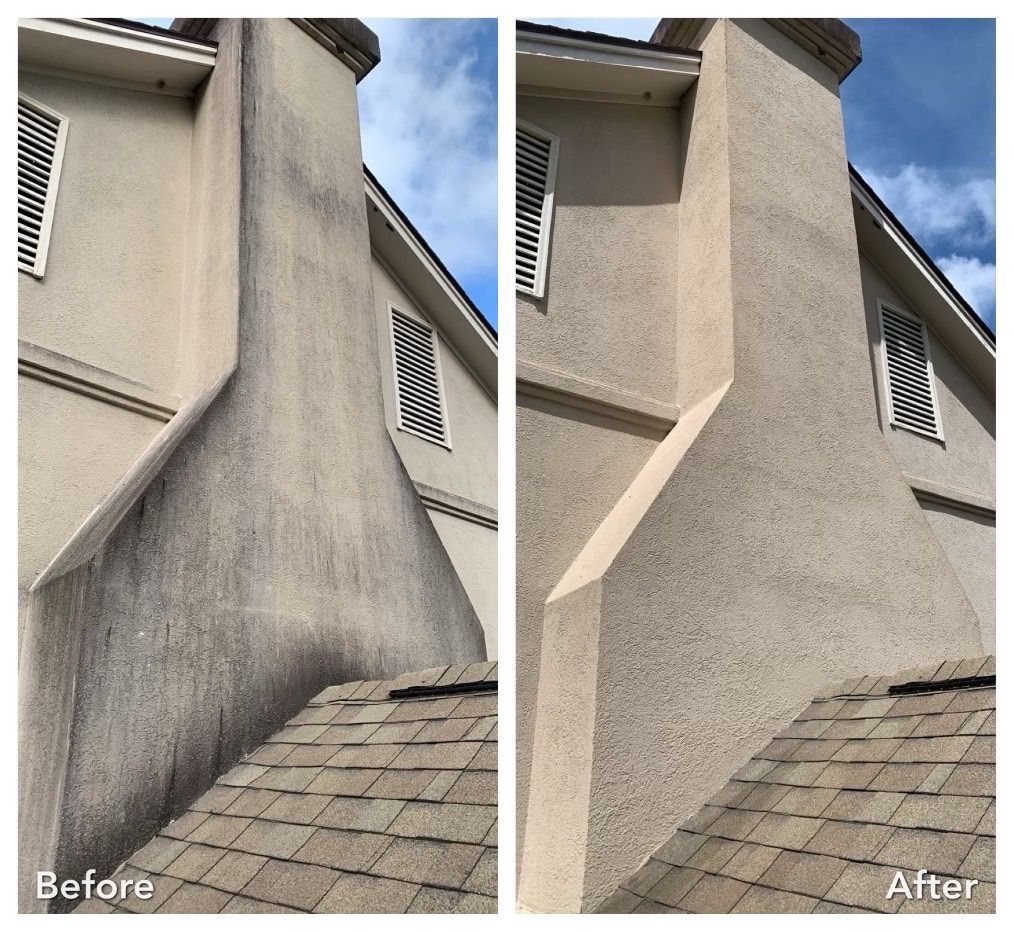 A before and after picture of a chimney on a house.