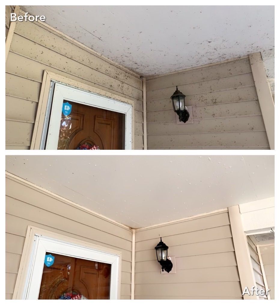 A before and after picture of a house 's ceiling.