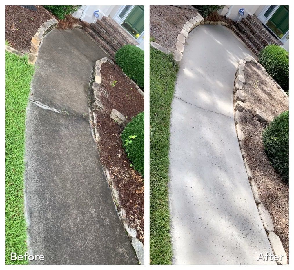 A before and after photo of a concrete walkway.