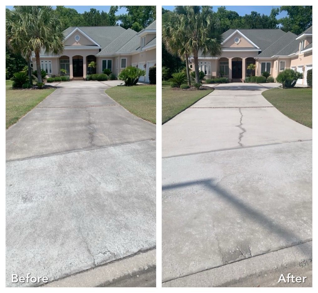 A before and after photo of a driveway in front of a house