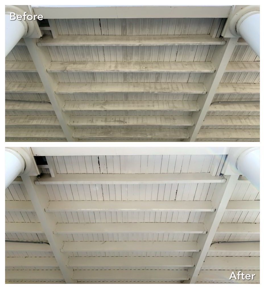 A before and after photo of a wooden ceiling.