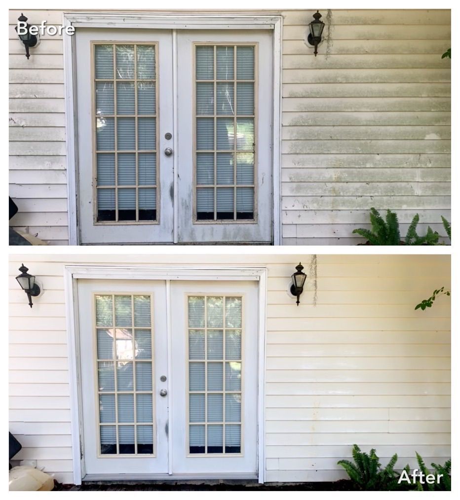 A before and after picture of a white house