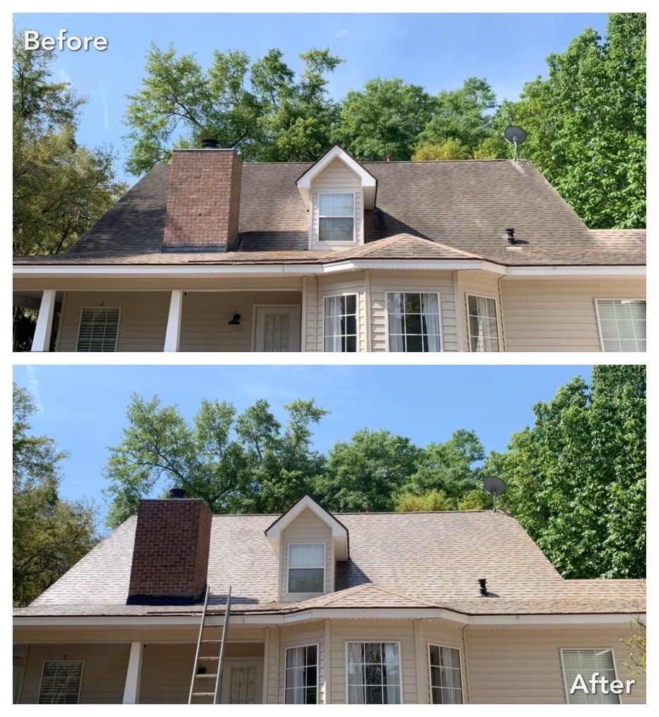 A before and after photo of a house 's roof