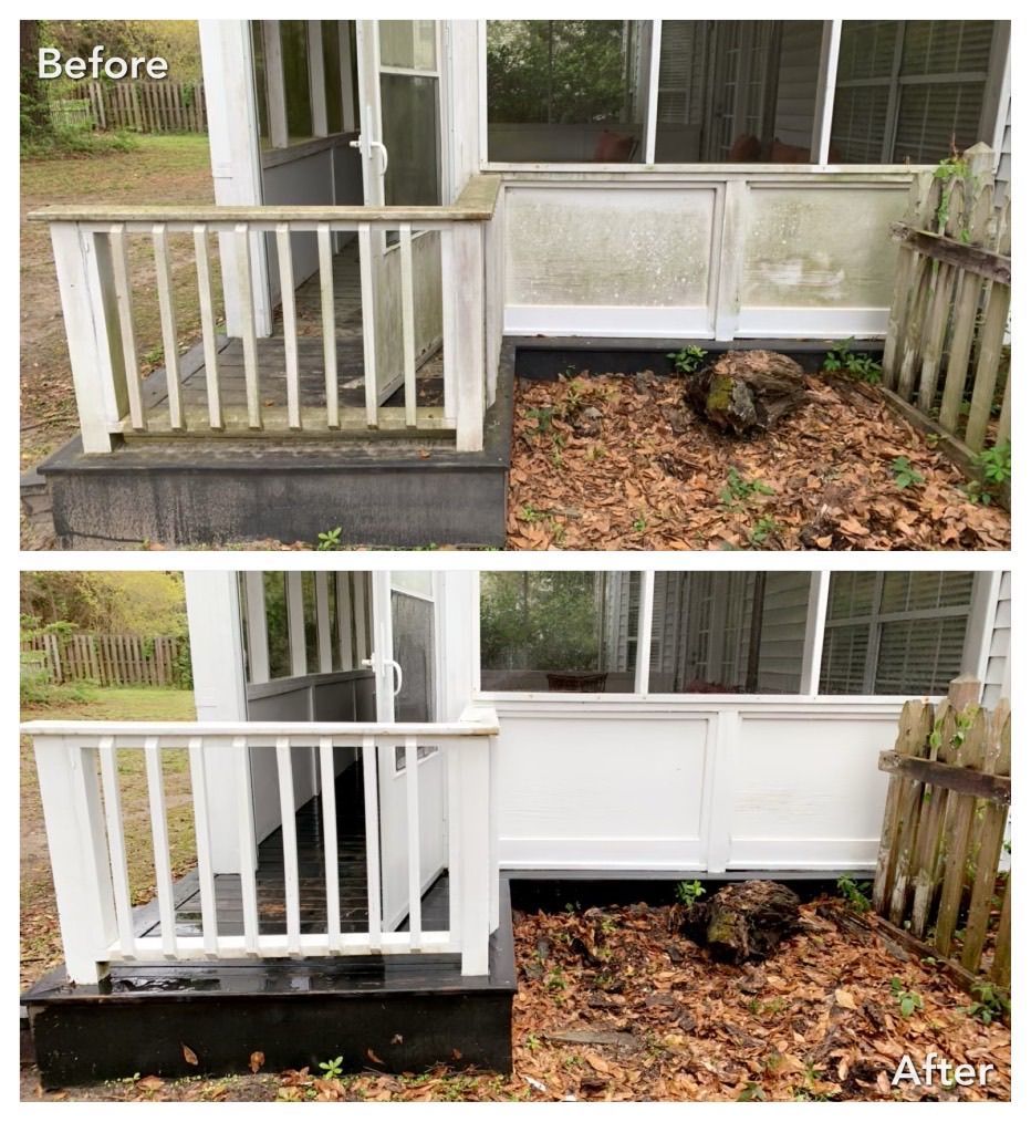 A before and after picture of a screened in porch.