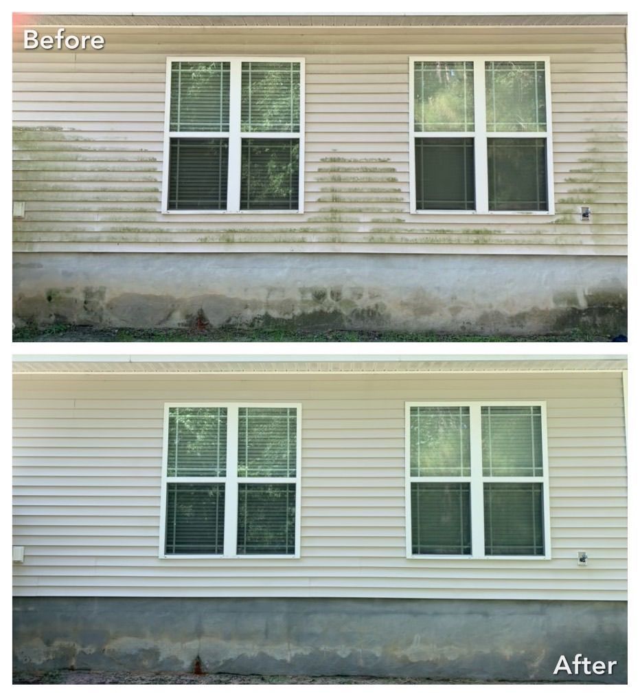 A before and after picture of a house 's siding and windows.