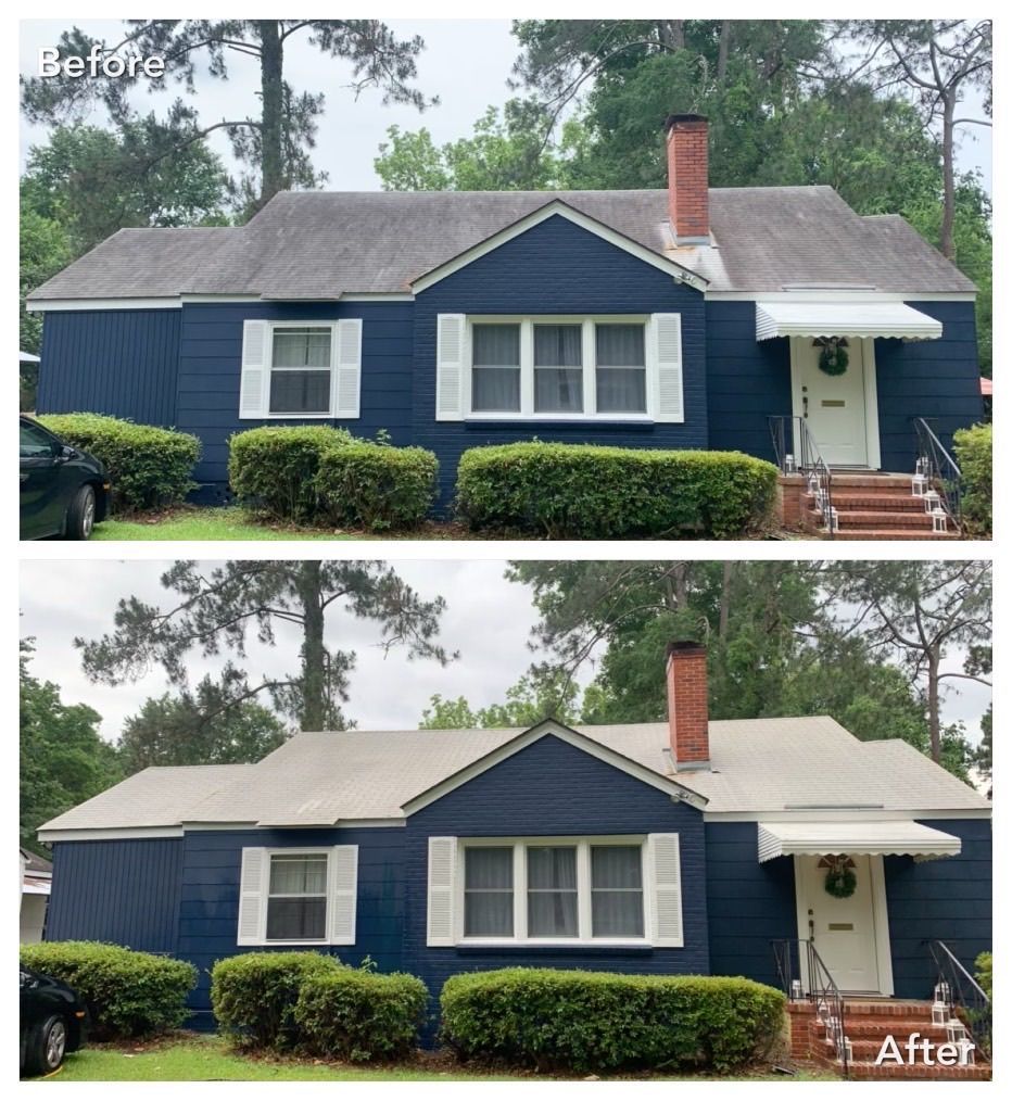 A before and after picture of a blue house