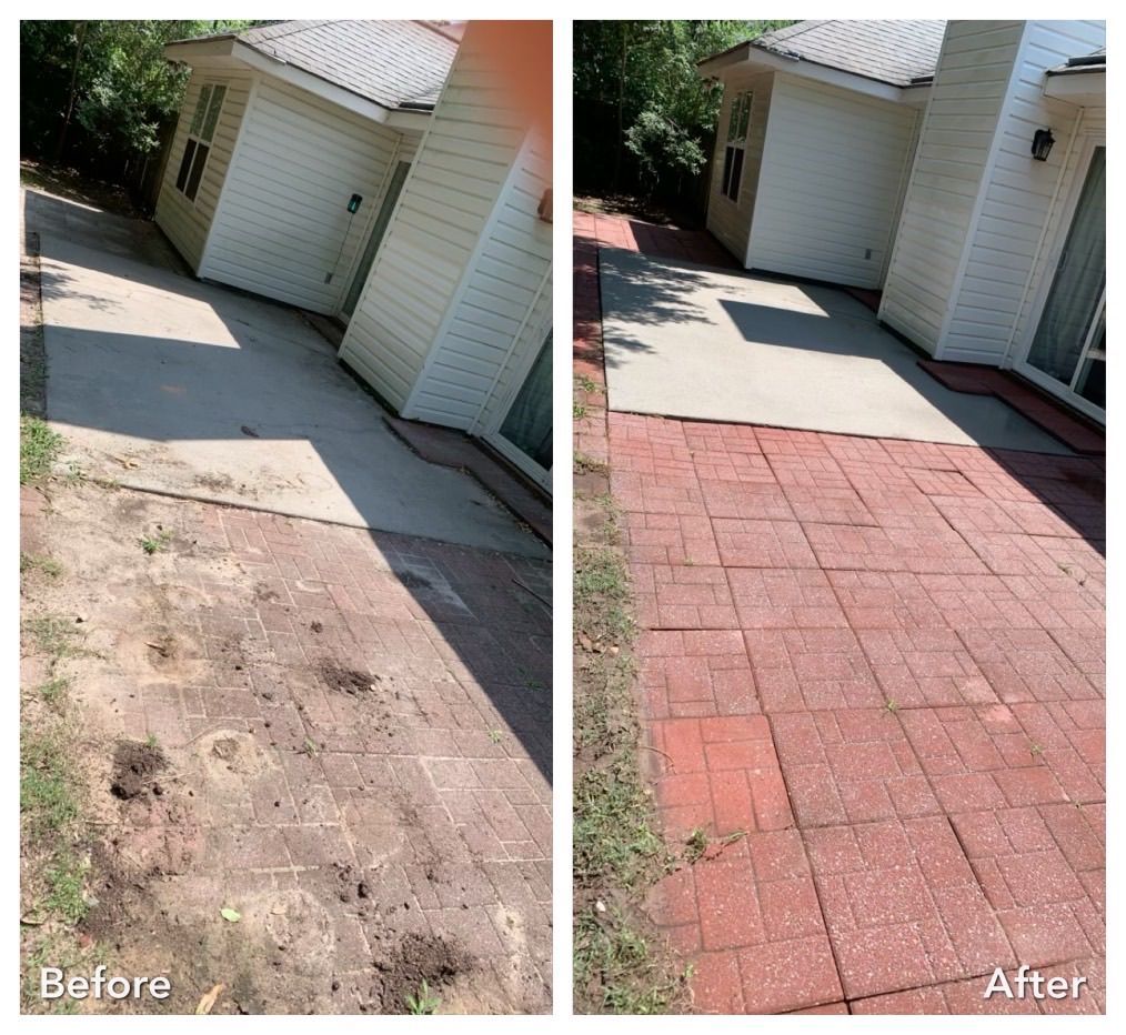A before and after photo of a brick walkway in front of a house.