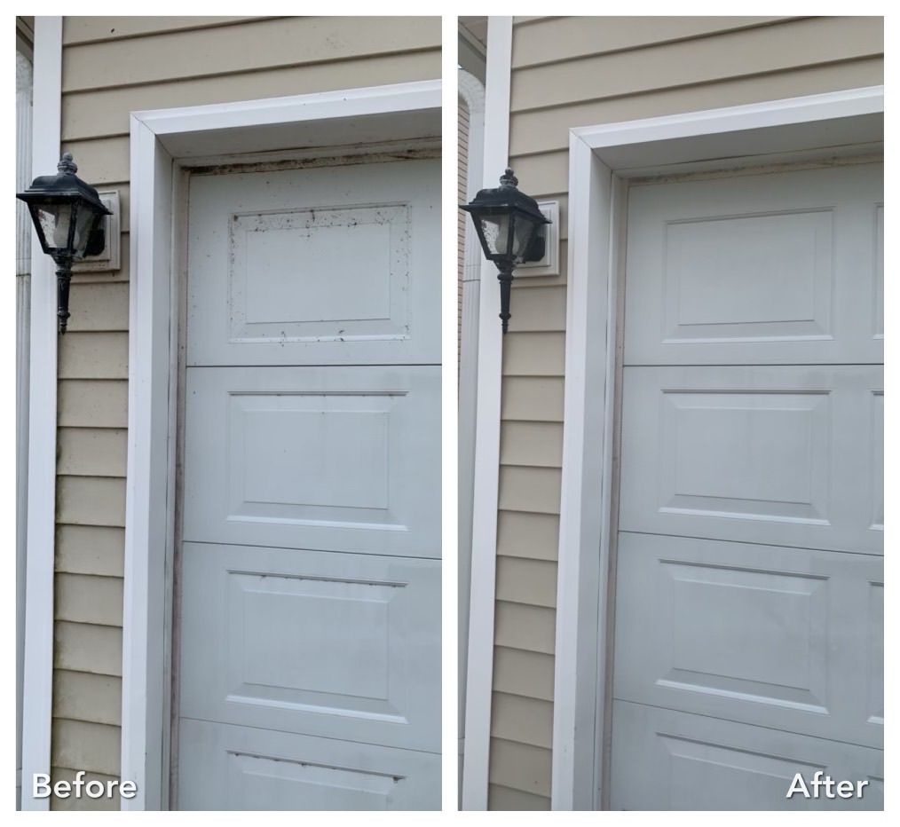 A before and after picture of a garage door