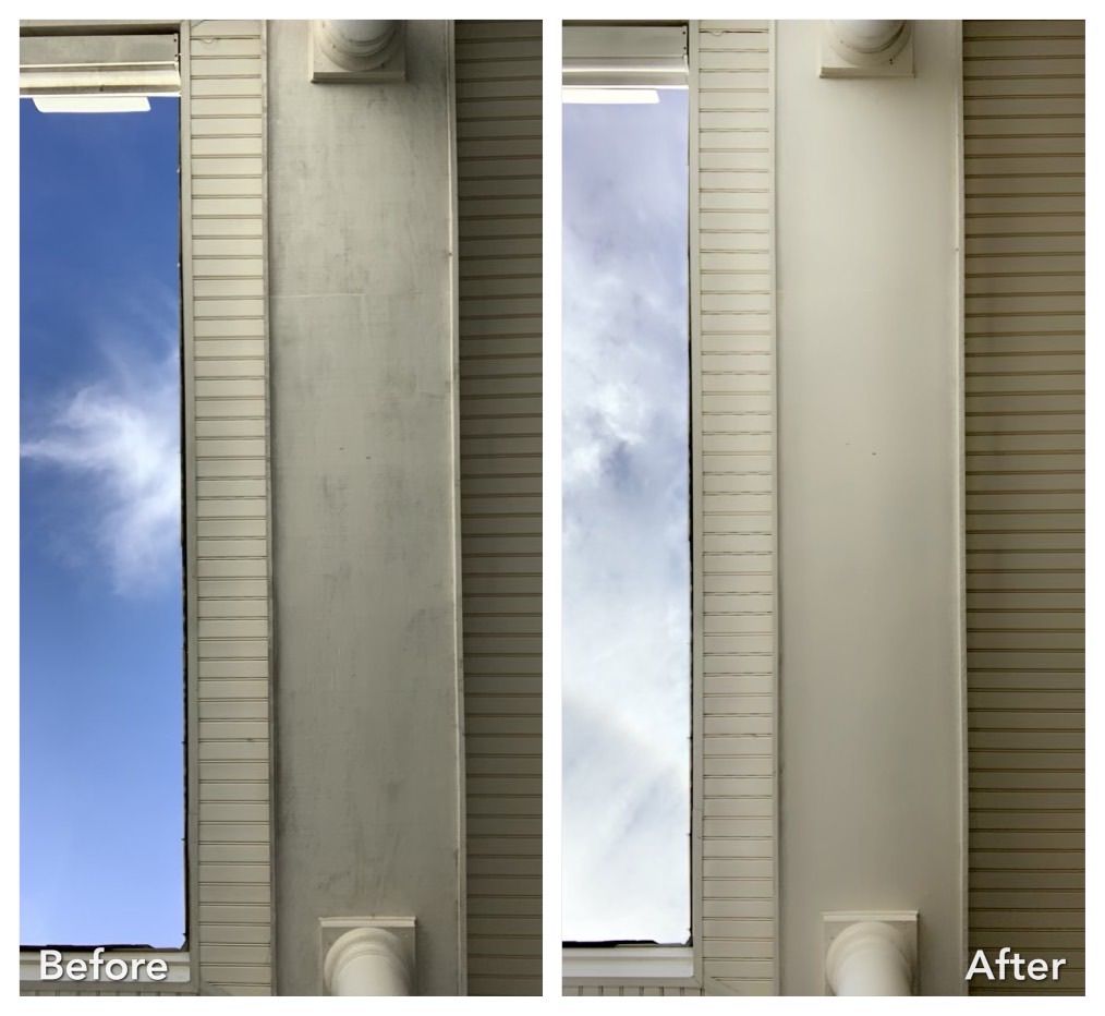 A before and after photo of a window with a blue sky in the background