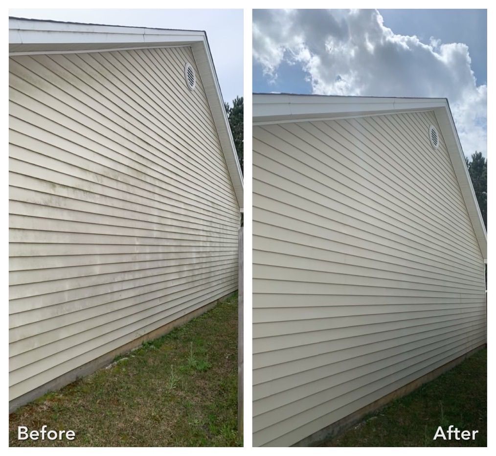 A before and after picture of a house 's siding being cleaned.
