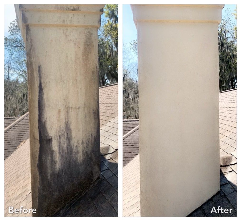 A before and after picture of a chimney on a roof.