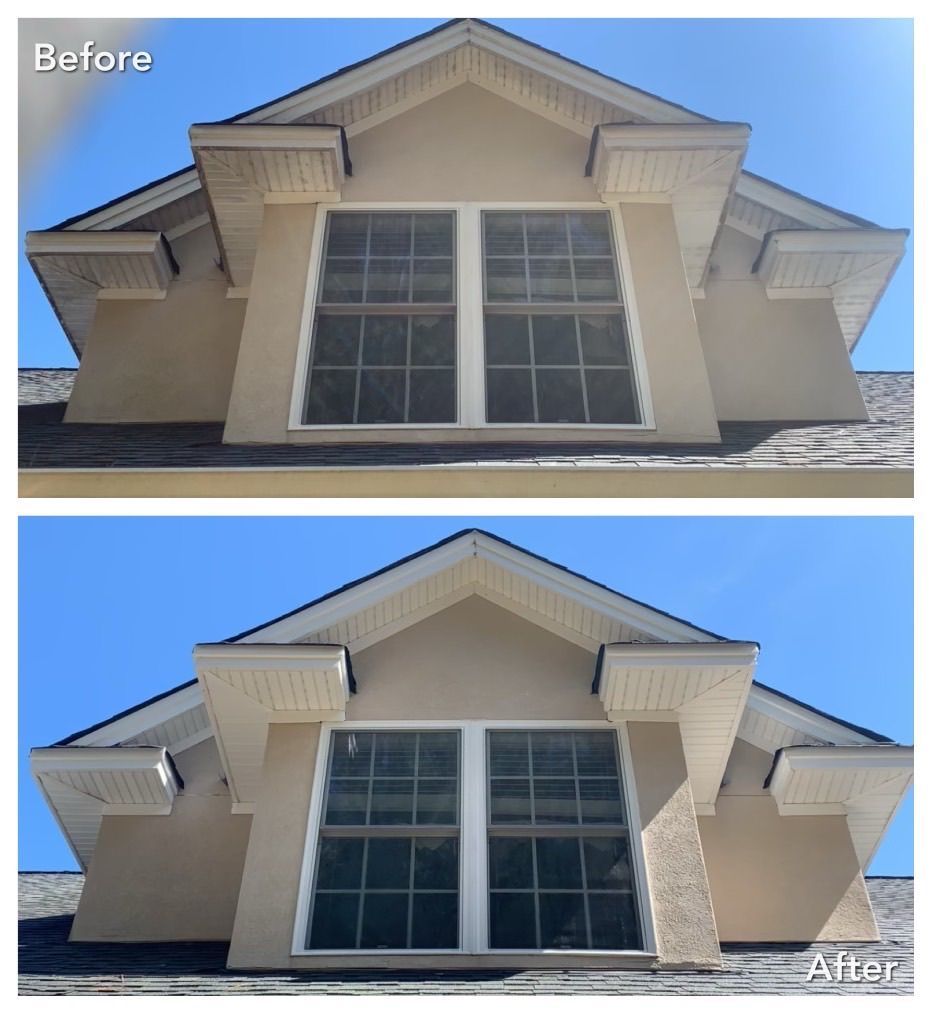 A before and after picture of a house with two windows