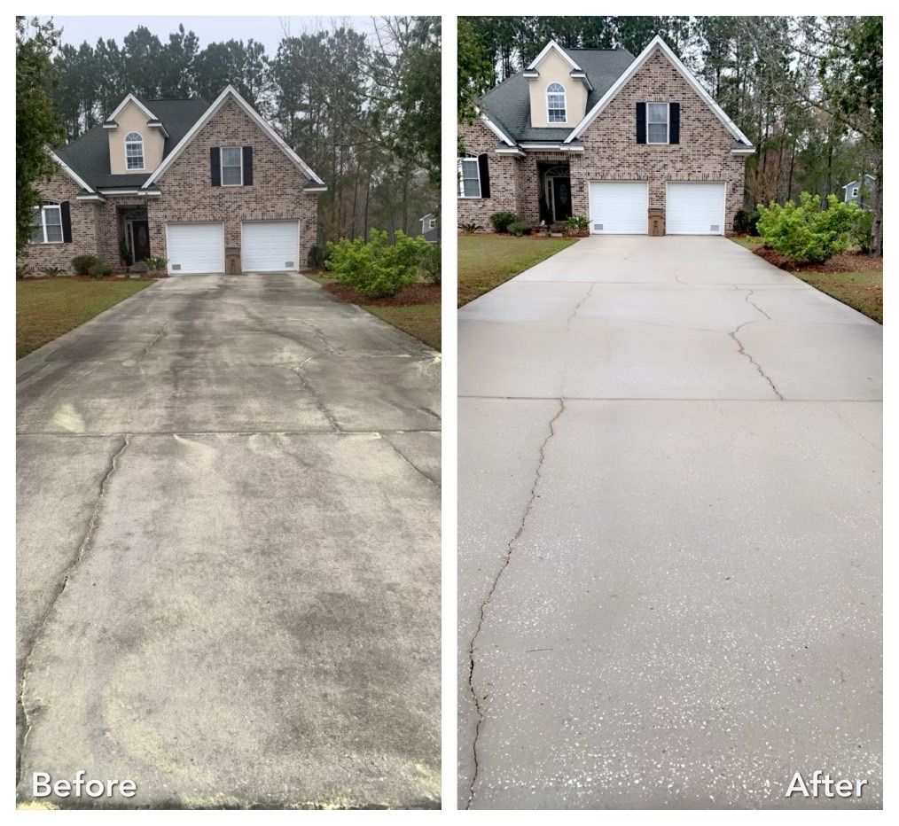 A before and after photo of a driveway
