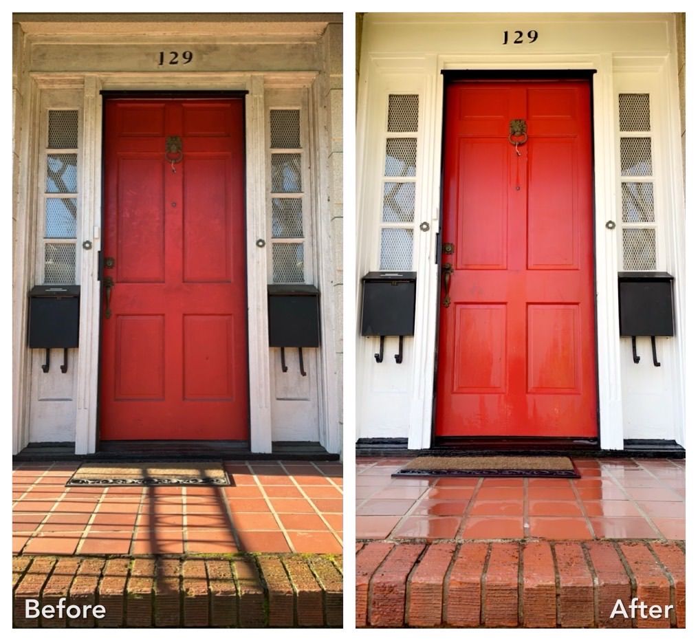 A before and after picture of a red door
