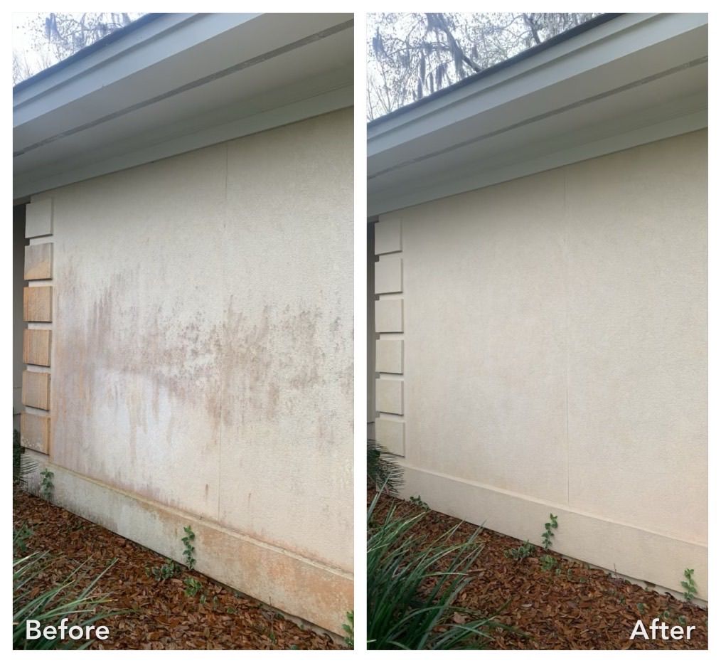 A before and after picture of a house wall.