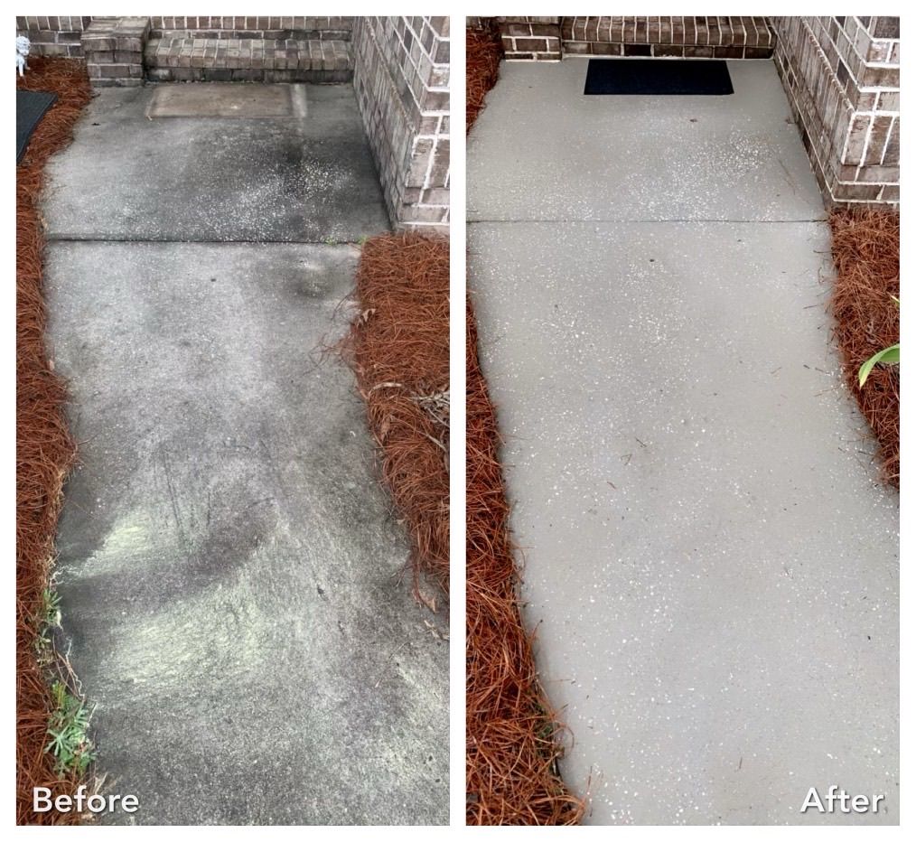 A before and after photo of a concrete walkway.