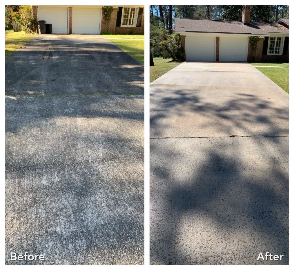 A before and after photo of a concrete driveway
