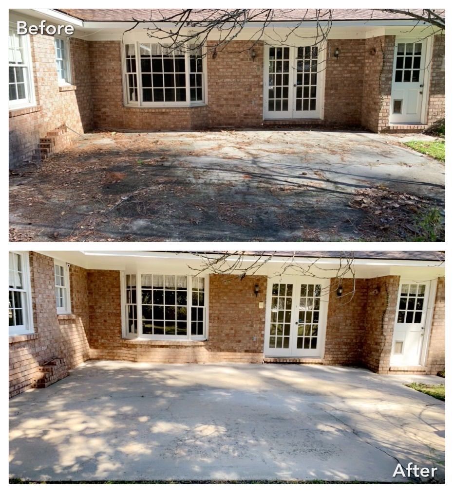 A before and after photo of a brick house with a patio.