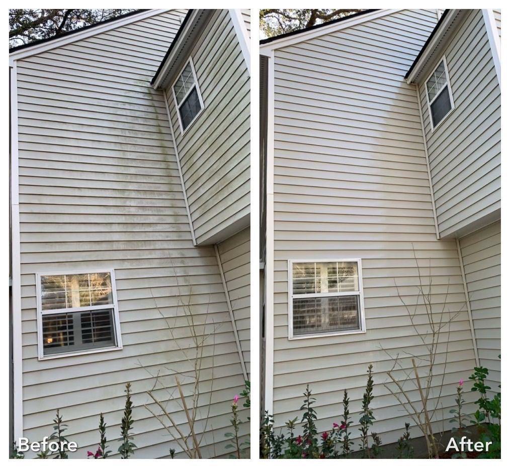 A before and after picture of a house 's siding being cleaned.