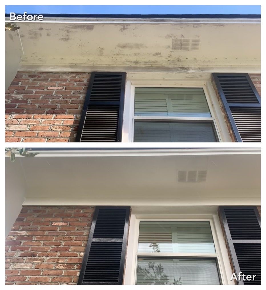 A before and after picture of a brick house with black shutters.