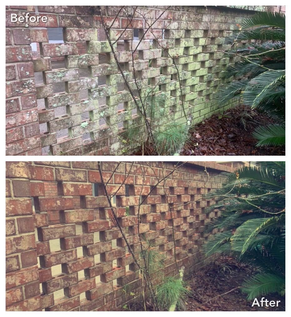 A before and after photo of a brick wall with moss on it.