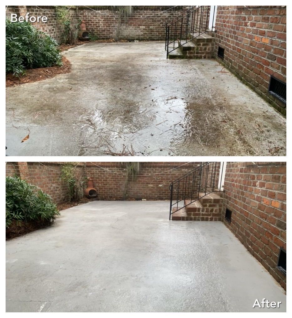 A before and after photo of a concrete patio with a brick wall.