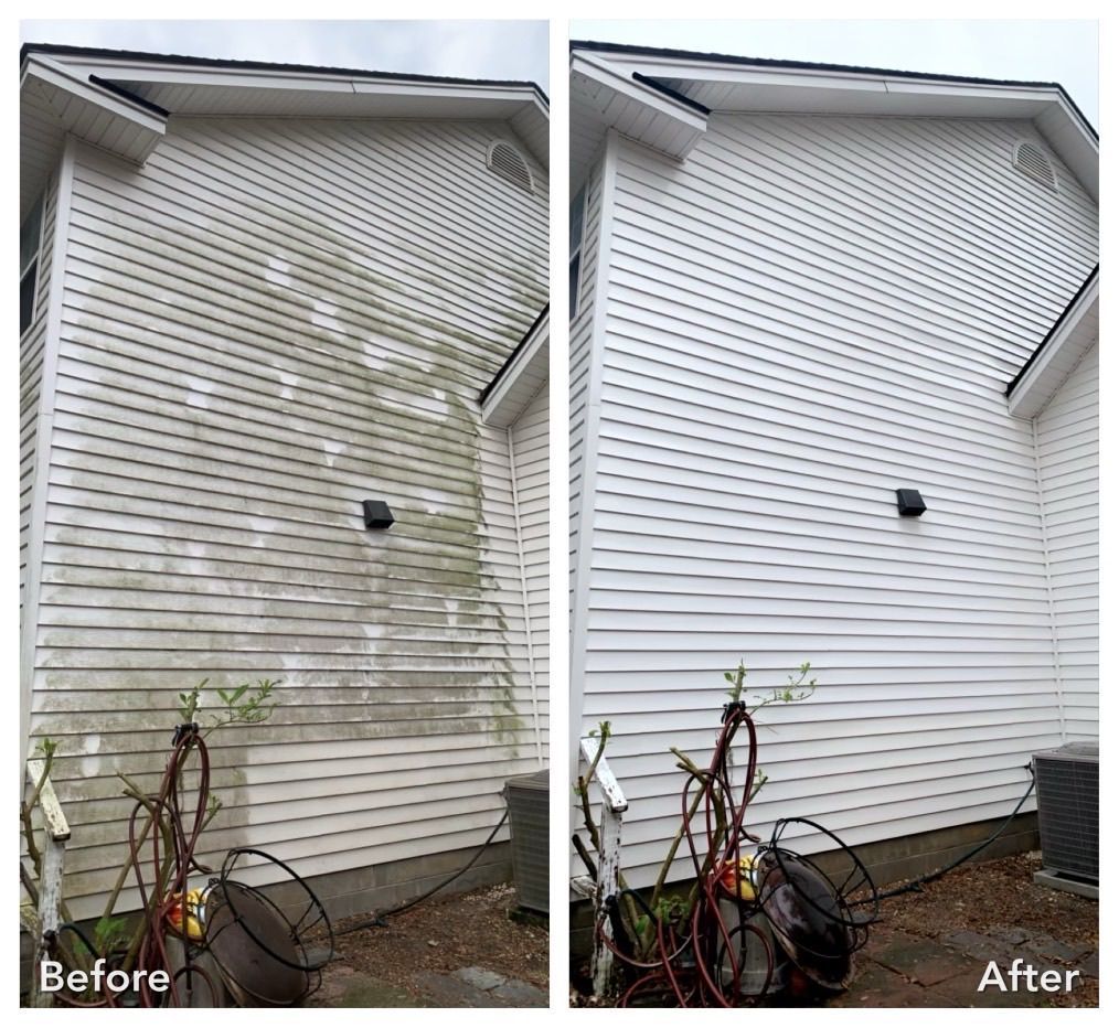 A before and after picture of a house siding being cleaned.