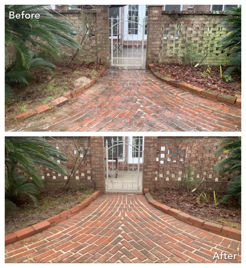 A before and after photo of a brick walkway.