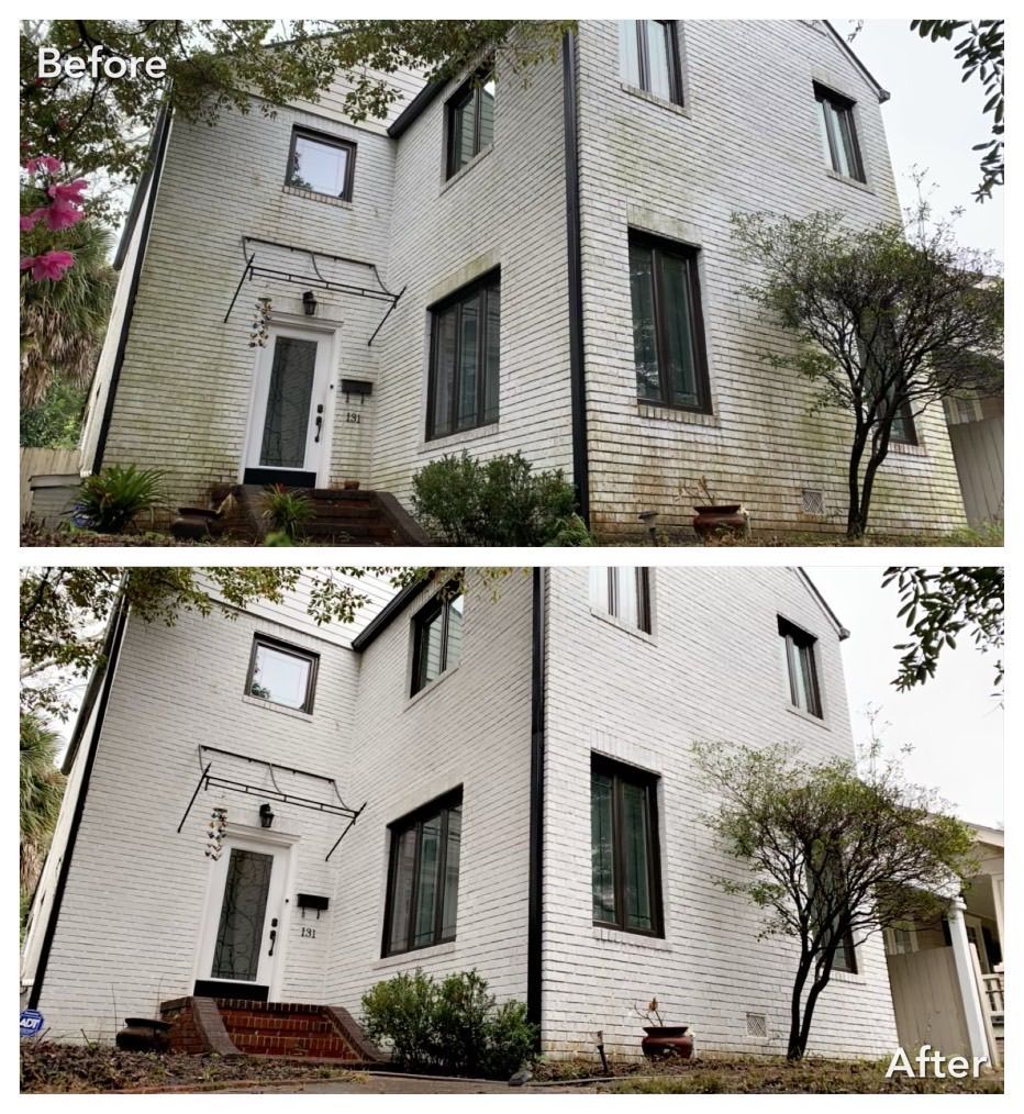 A before and after picture of a white house with black windows.