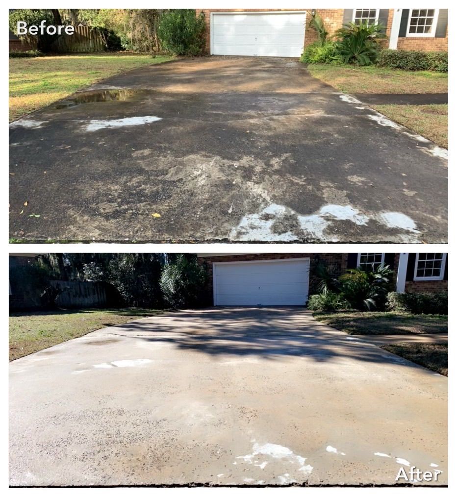 A before and after photo of a driveway with a garage.