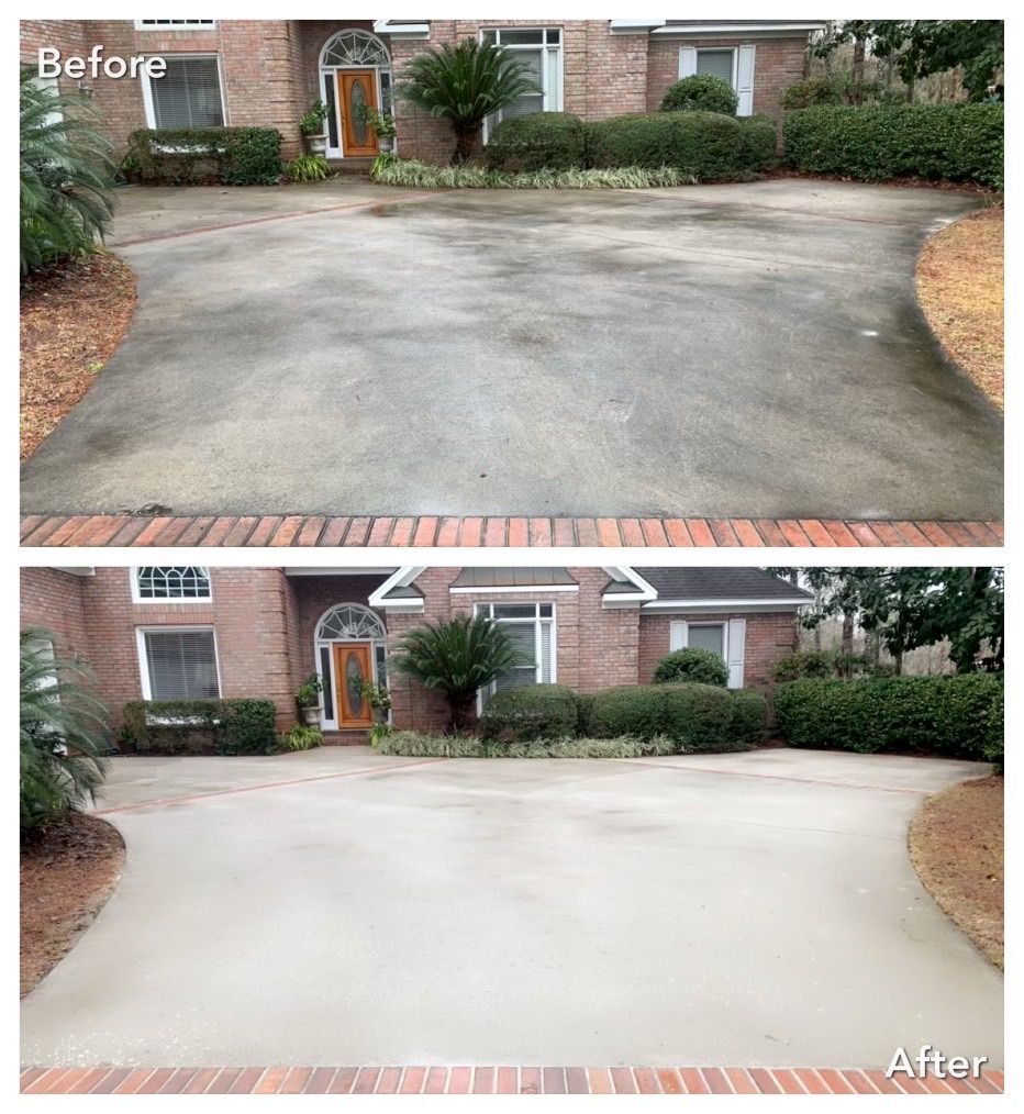 A before and after photo of a driveway in front of a house.