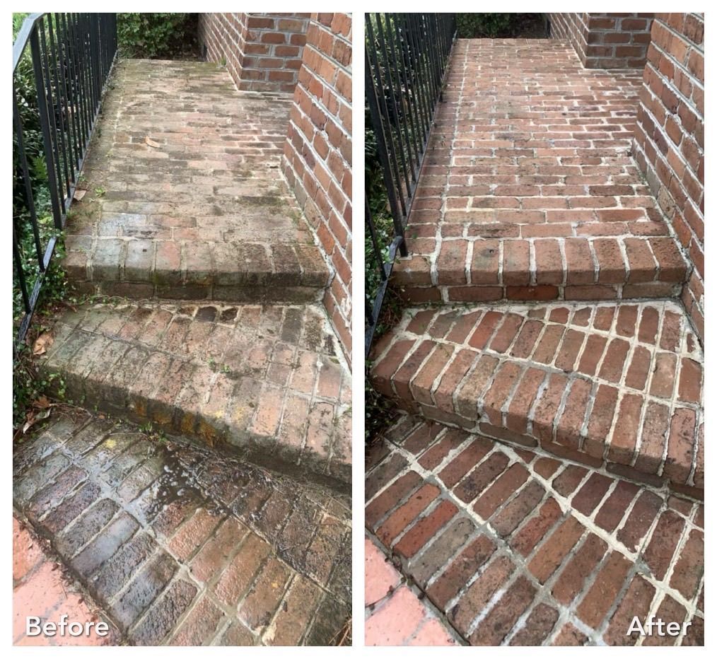A before and after photo of a brick walkway.