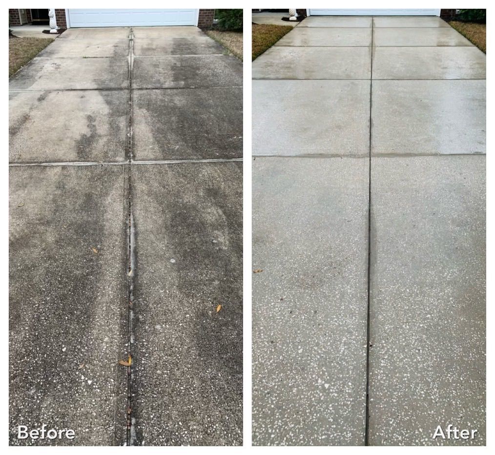 A before and after photo of a concrete driveway.