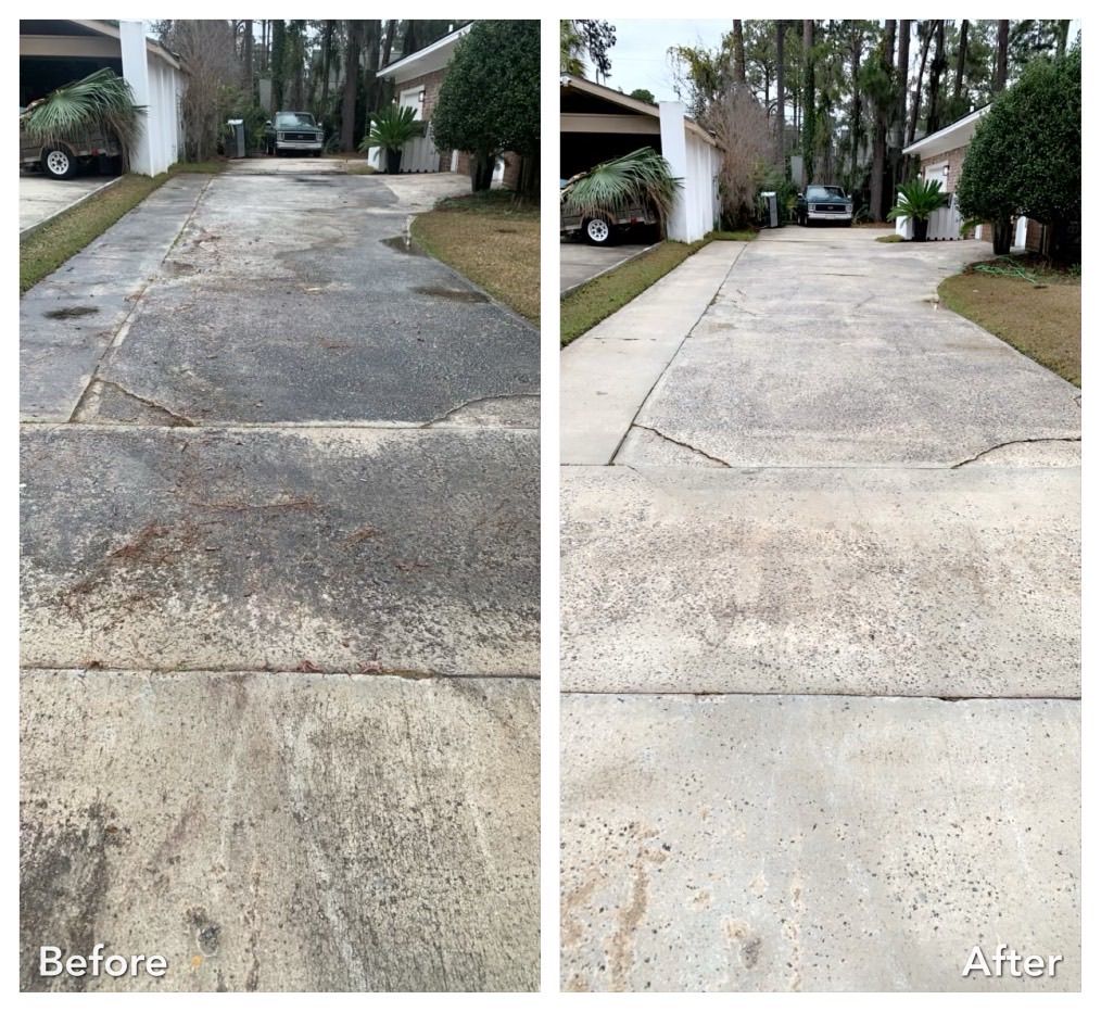 A before and after photo of a concrete driveway.