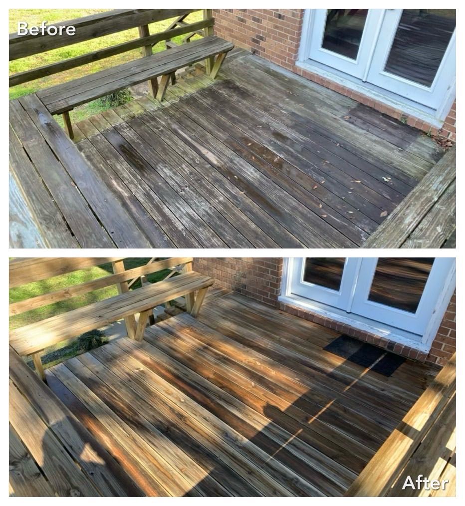 A before and after photo of a wooden deck.