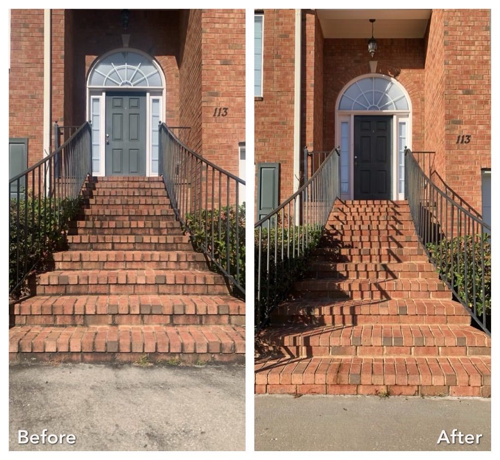 A before and after photo of a brick staircase