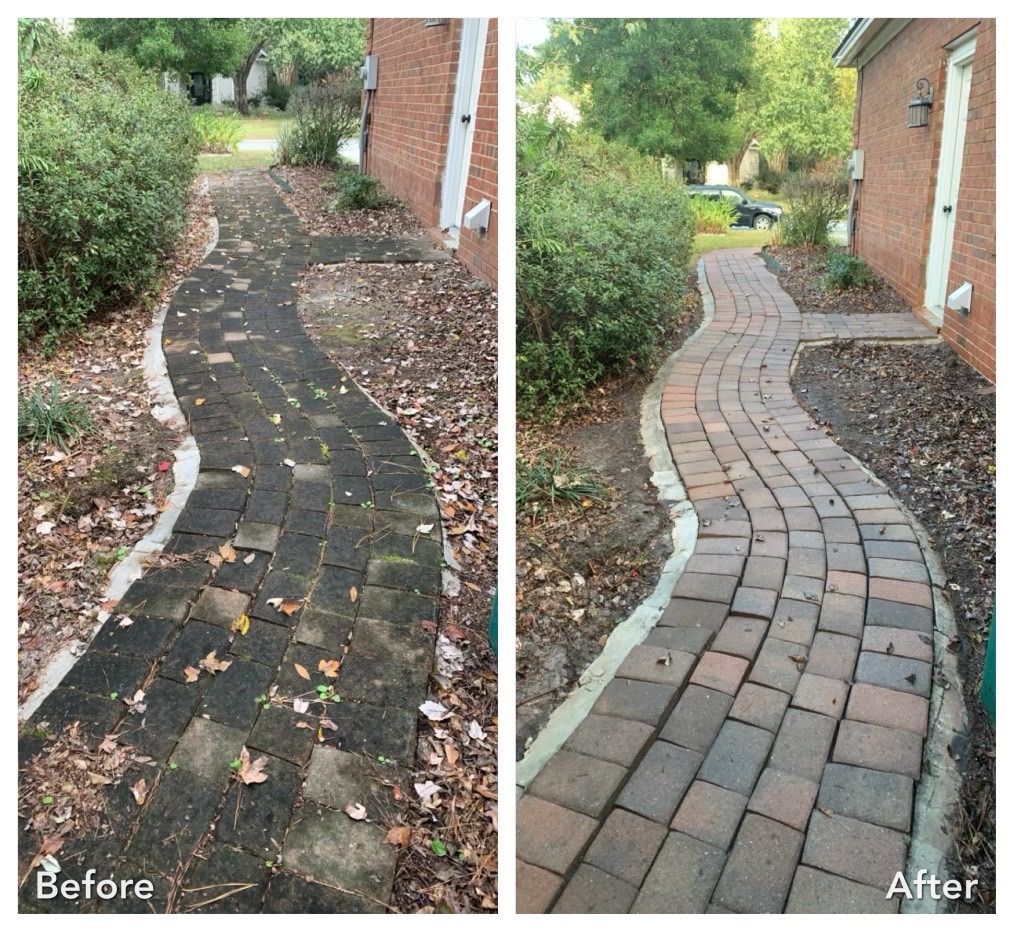 A before and after photo of a brick walkway